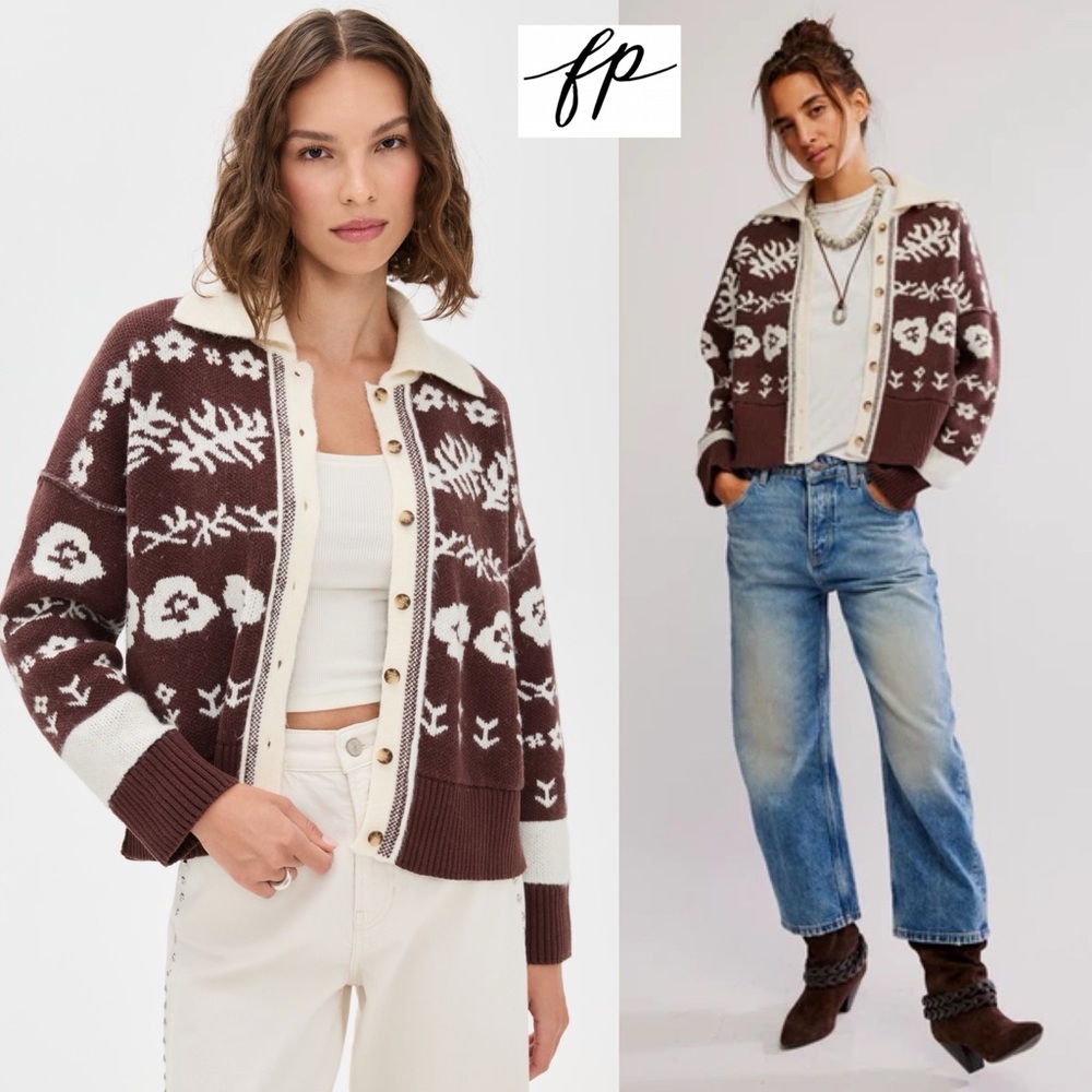 Free People Shelby Cardigan in Chocolate S Cozy Jacquard Knit Boxy Sweater - Picture 4 of 16